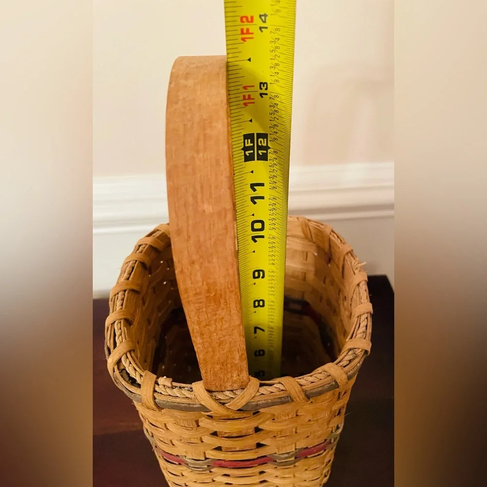 Vintage Primitive Wood Gathering Basket With Handle Handwoven Splint Basket